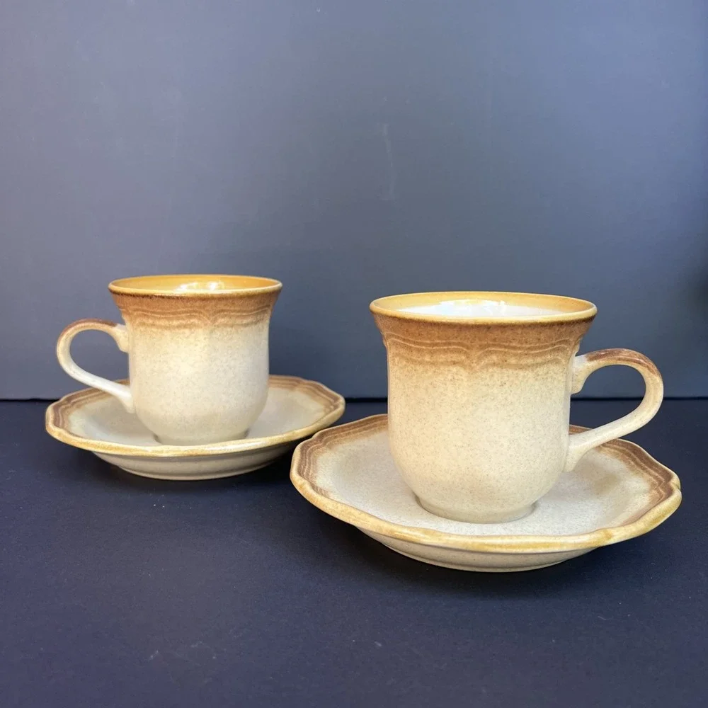 VTG Mikasa Whole Wheat E8000 Cups & Saucers Set of 2 Japan Stoneware EUC